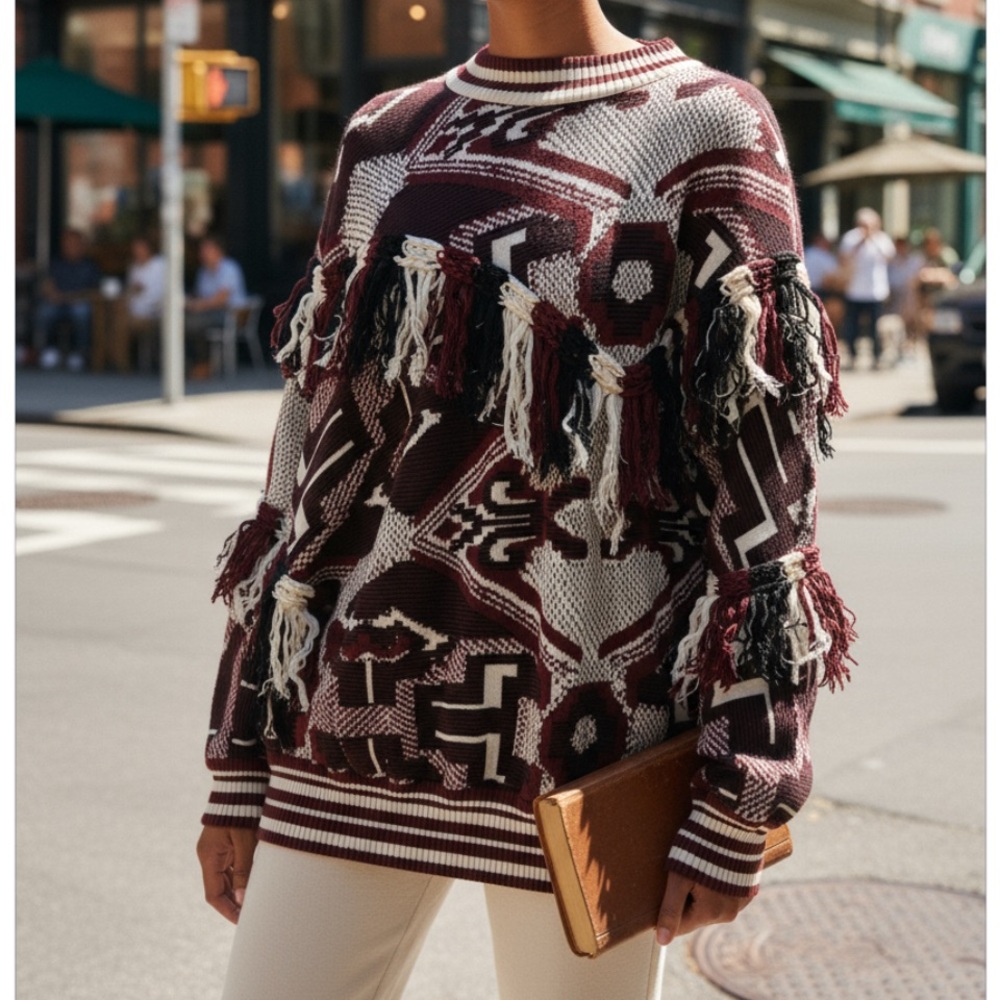 Zara Fringe Knit Sweater with Geometric Pattern - Picture 3 of 5